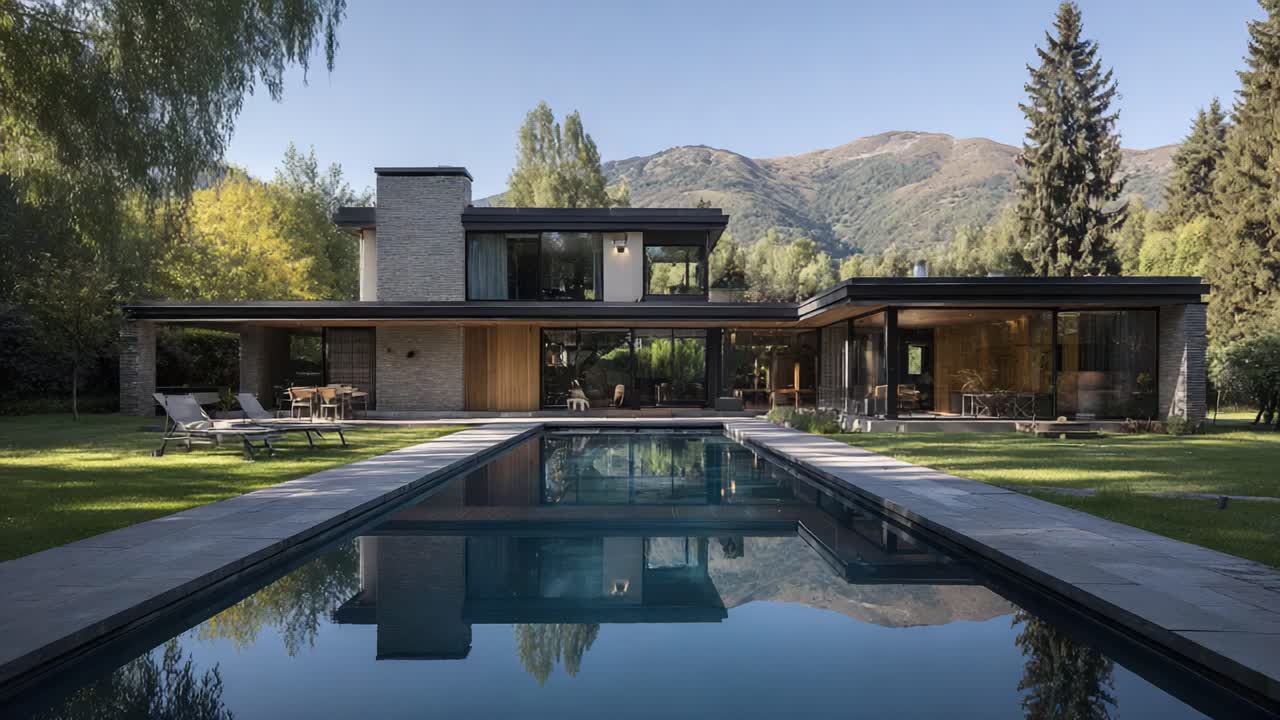 Contemporary Architectural Elegance: A Stunning View of a Modern Home Surrounded by Nature and Reflecting Serenity in Its Pool