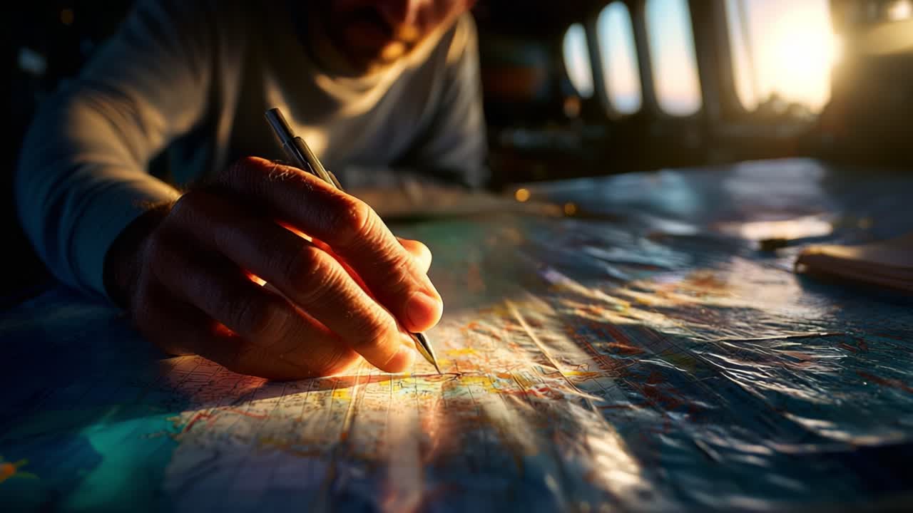 Map Exploration: A Close-Up View of a Person Engaging in Strategic Planning with a Pen on a Colorful Map, Illuminated by Warm Sunset Light in a Cozy Environment