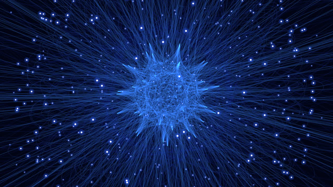 Filmato astratto dinamico di un'esplosione di rete digitale blu luminosa, con linee e particelle che si irradiano su uno sfondo scuro, ideale per concetti di dati, internet, comunicazione, energia e tecnologia