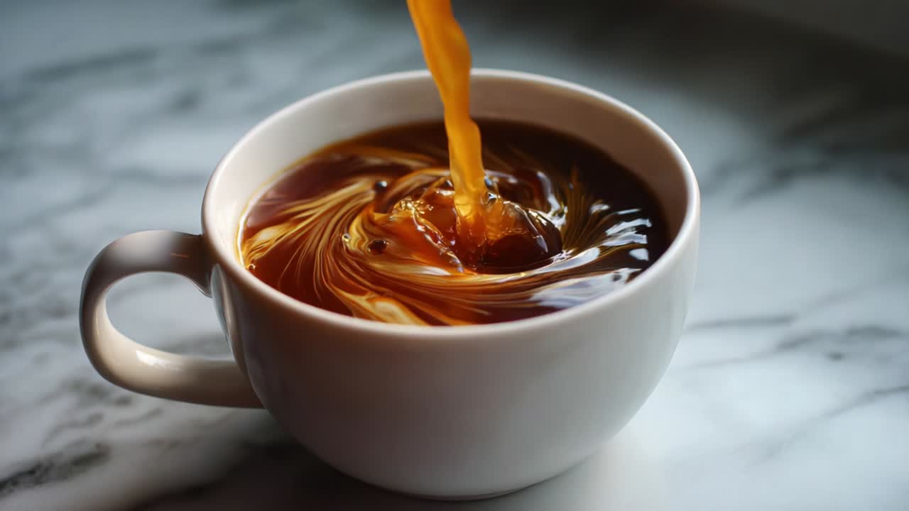 A mesmerizing moment captured as rich, aromatic coffee swirls gracefully in a pristine white cup, highlighting the exquisite dance of the dark brew and cream, creating a delightful visual experience of flavor and warmth