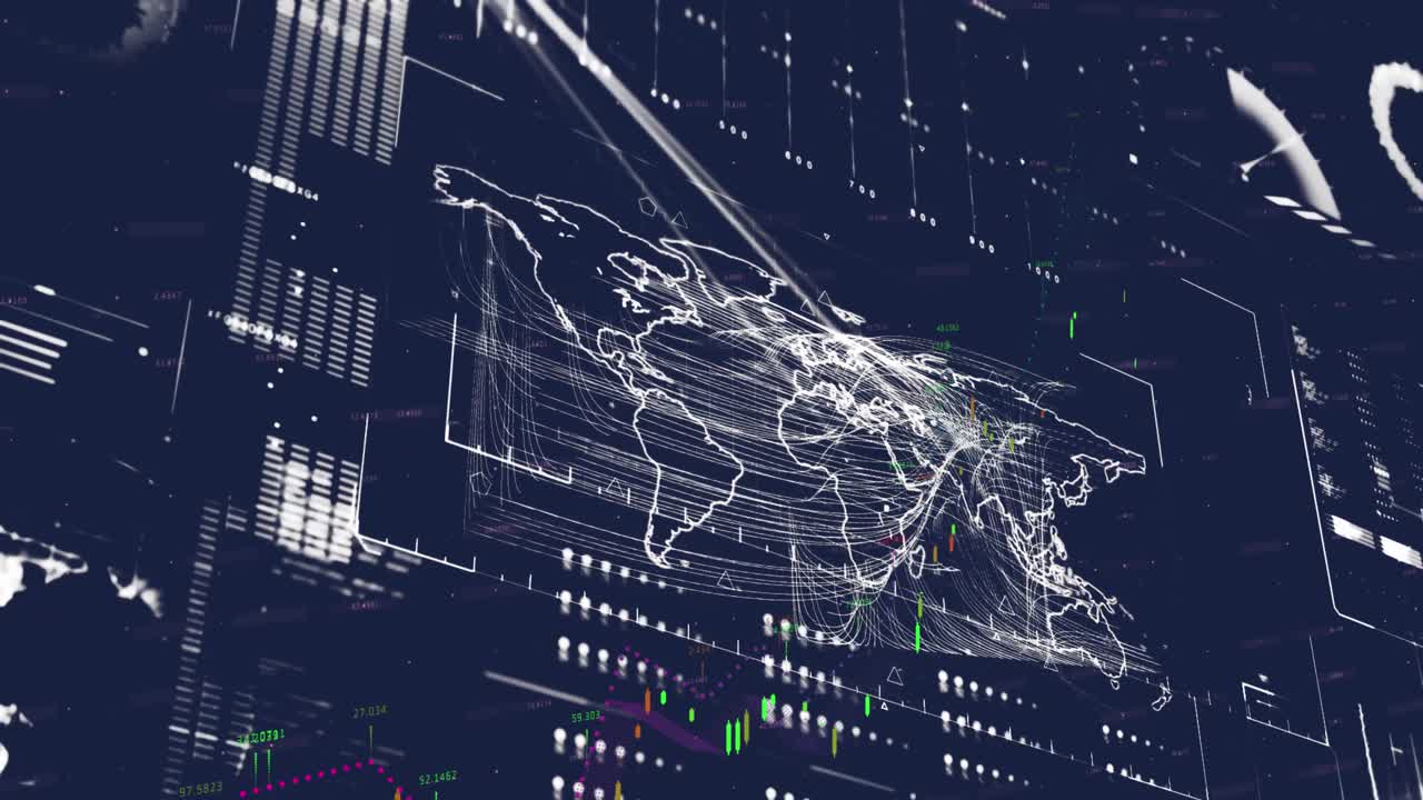インターフェースのアニメーション データ処理 世界地図を青い背景で