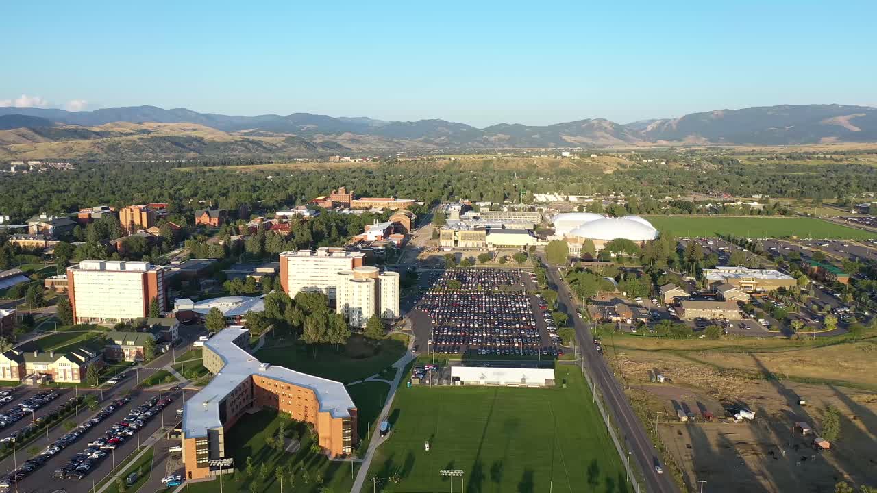 Montana State University Campus in Bozeman, Montana. Drone forward.