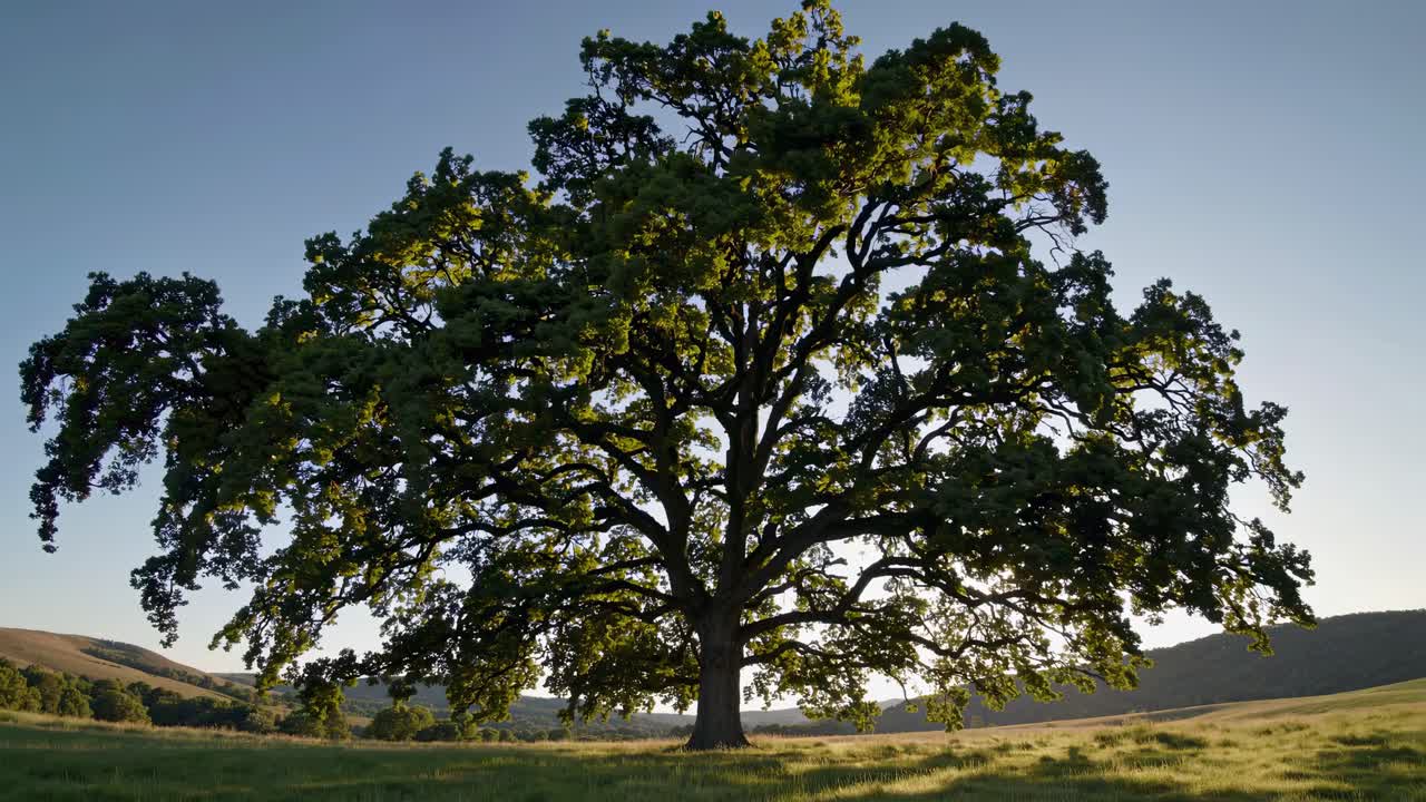 A majestic oak tree in a field, captured at a low angle. The video style emphasizes the tree's