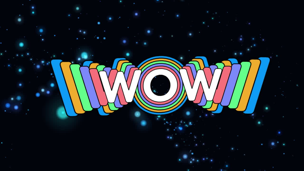 검은 바탕의 파란색 빛 반점에 대한 와우 텍스트의 디지털 애니메이션