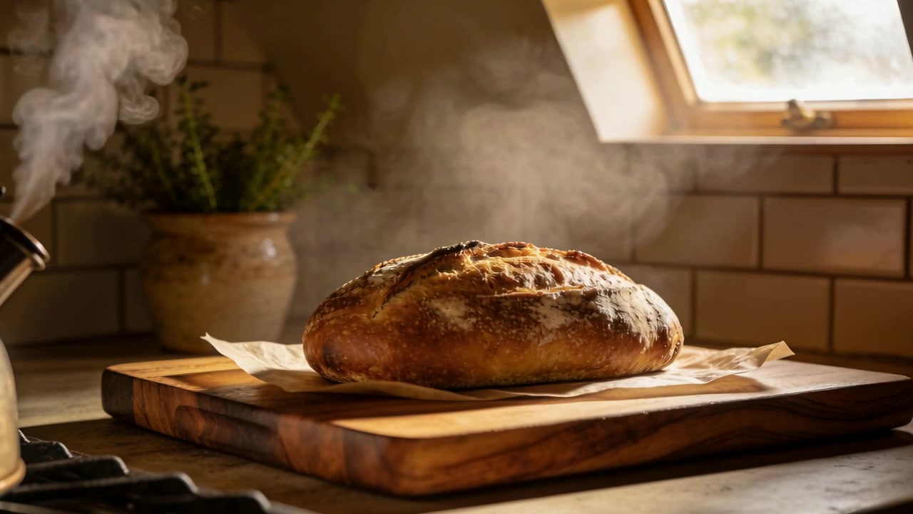 Releasing steam kettle sending hazy cloud across kitchen, cooling loaf after baking on board