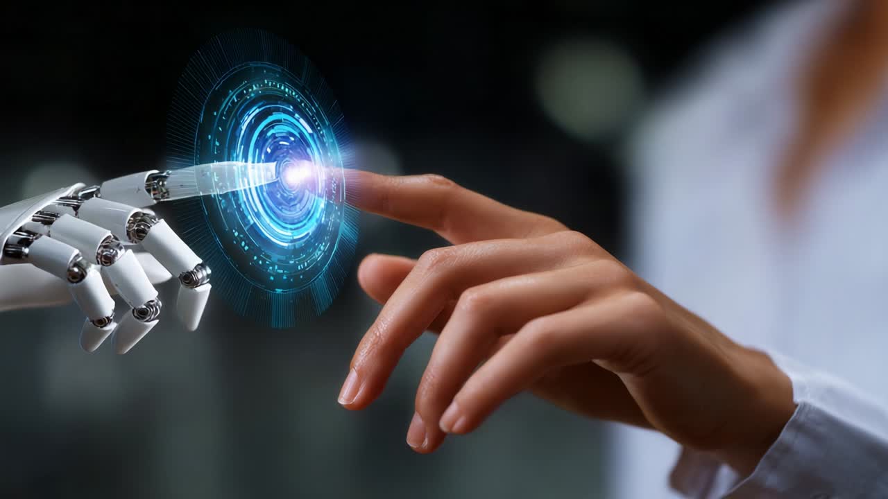 A Captivating Moment of Connection: The Touch of Humanity and Technology, Where a Human Hand Meets a Robotic Finger, Signifying the Transcendent Relationship Between Man and Machine