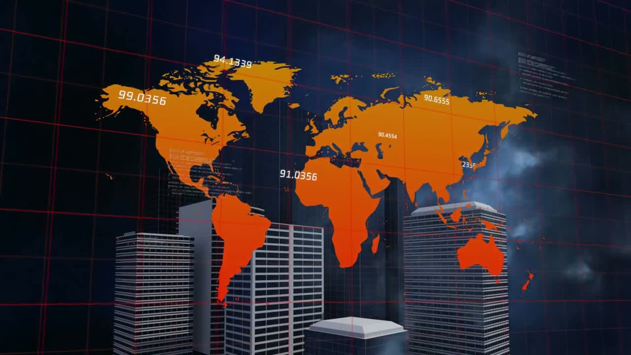 Animación del procesamiento de datos financieros sobre la ciudad