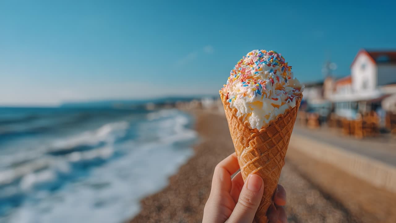 Gustare un delizioso cono gelato con granella colorata in spiaggia in una giornata di sole, perfetto per il piacere estivo e il relax vicino alle onde dell'oceano