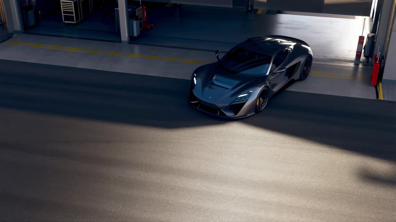 A dark modern sports car parked outside a garage