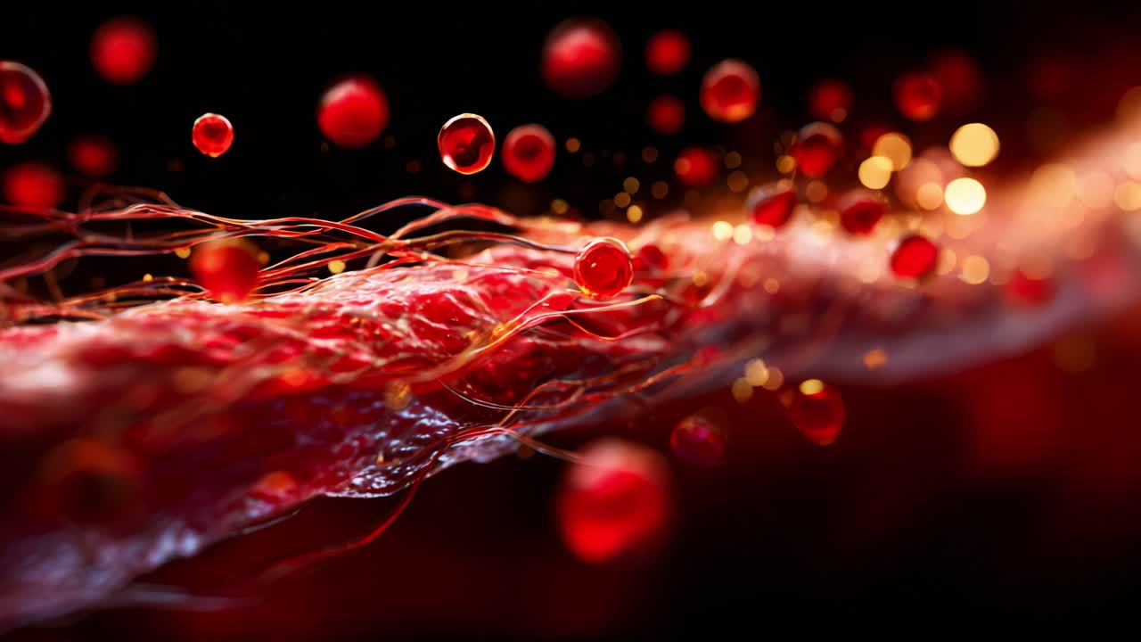 A mesmerizing display of dynamic red blood cells flowing along a vibrant vascular structure, illustrating the complexity and beauty of blood circulation in a digital art representation