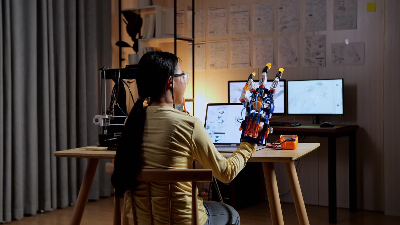 십대 아시아 소녀가 3d 프린팅으로 사이보그 손을 확인하면서 집에서 노트북으로 디자인합니다.