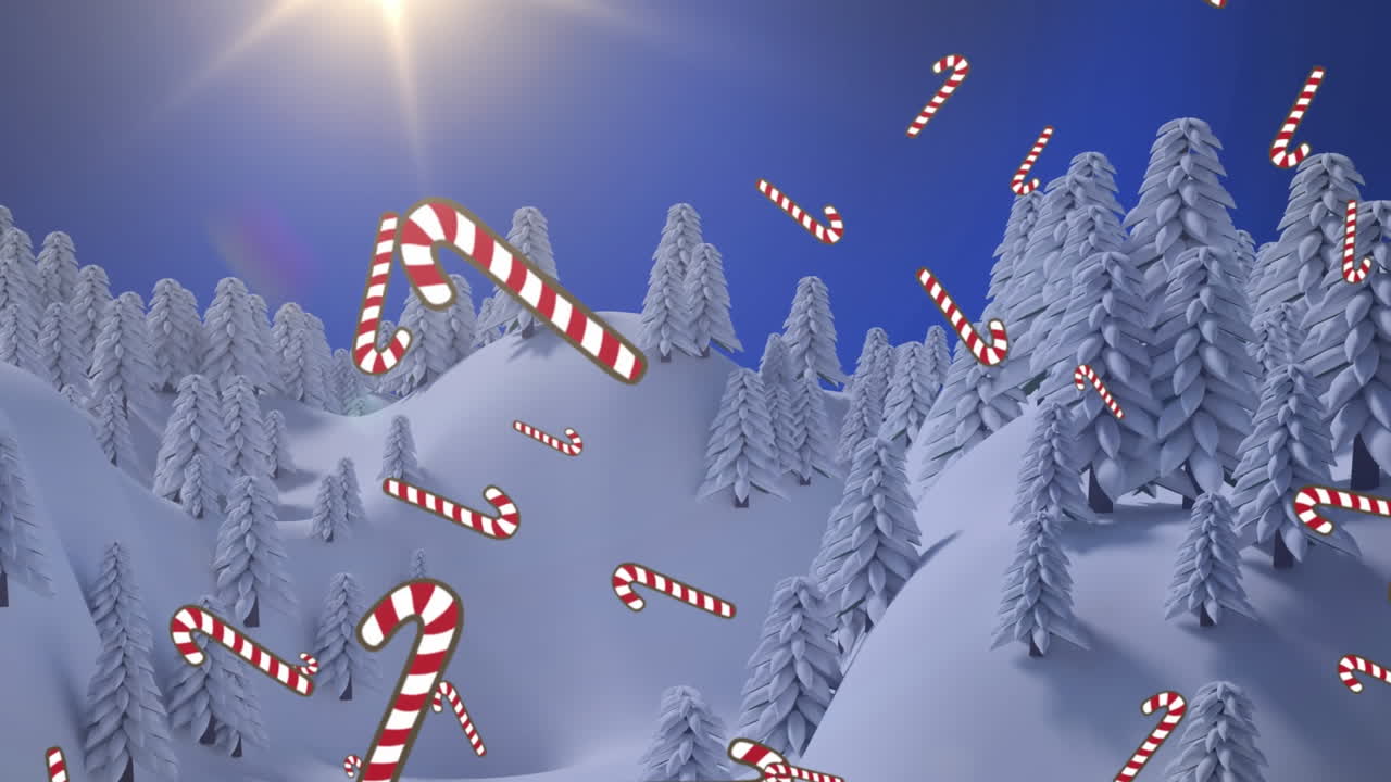 Animation of candy canes falling over fir trees in winter landscape
