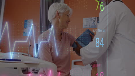 animación de cardiógrafo sobre diversos médicos y pacientes en el hospital.