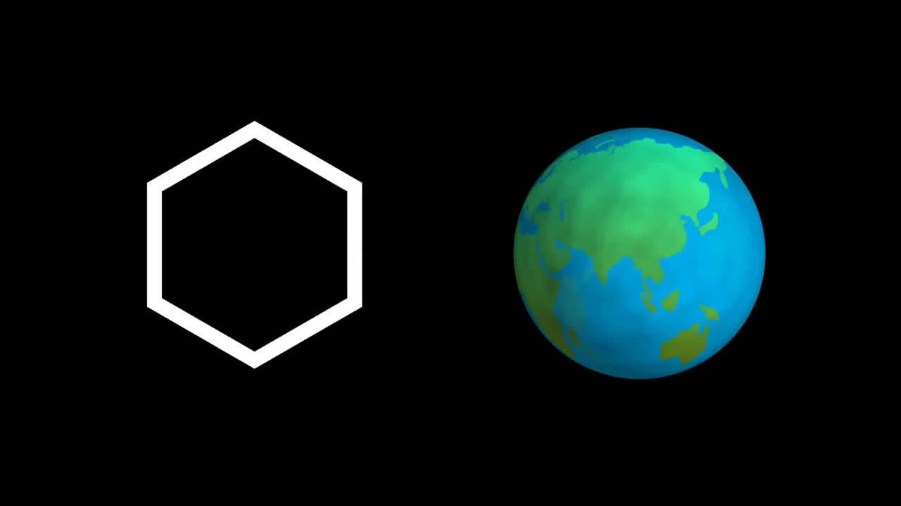 animación digital de una forma circular abstracta y un icono de globo girando contra un fondo negro