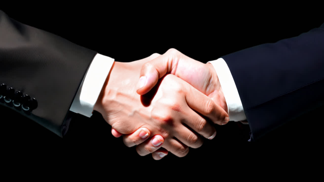 Business handshake partnership agreement animated overlay, transparent 4K video, alpha channel