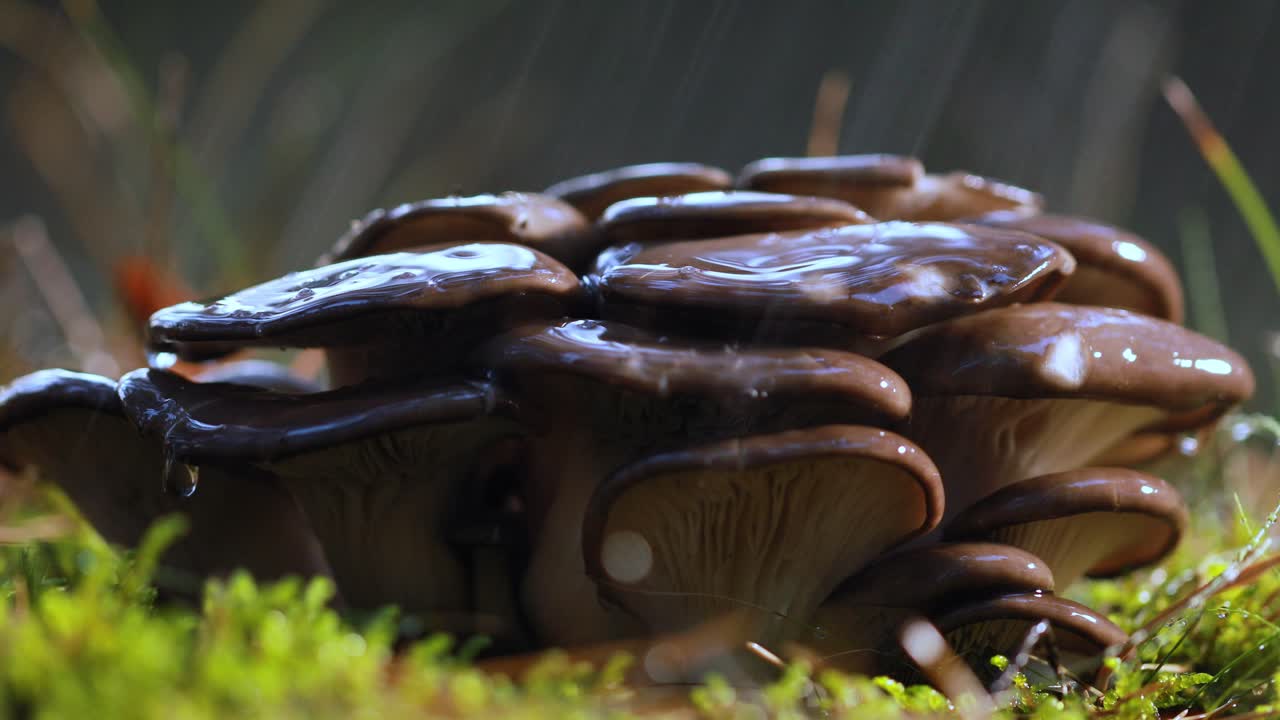 hongos pleurotus en un bosque soleado bajo la lluvia.