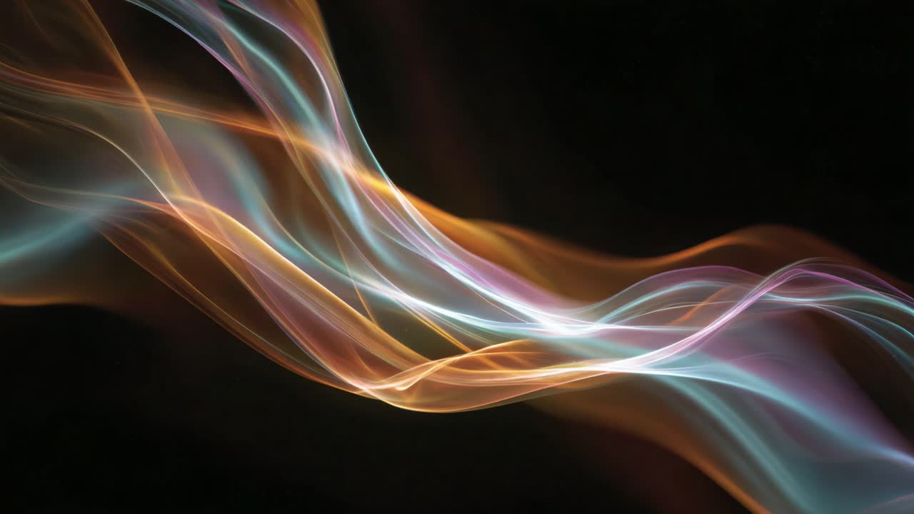 Colorful abstract waves of light undulate across a dark backdrop, with glowing orange, blue, and purple ribbons flowing smoothly to create a vibrant, futuristic motion graphic