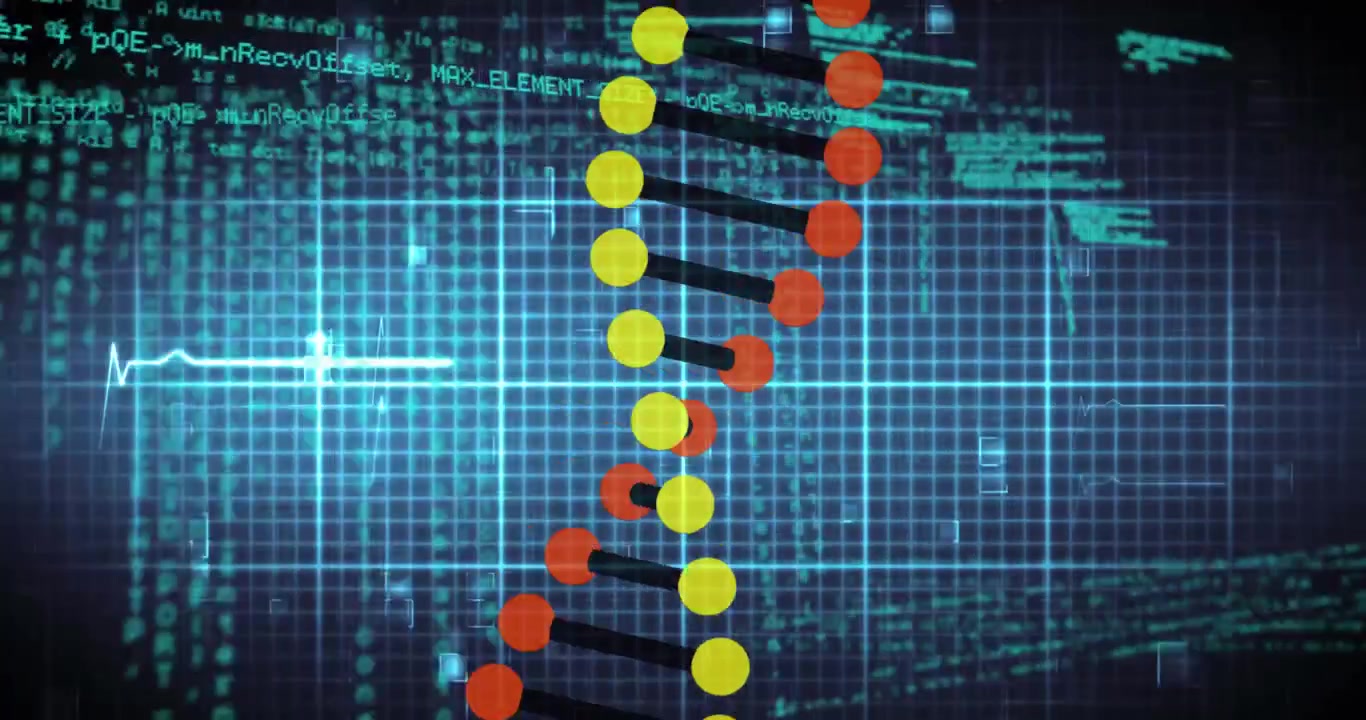 Animation of dna chain over data processing in green and black space