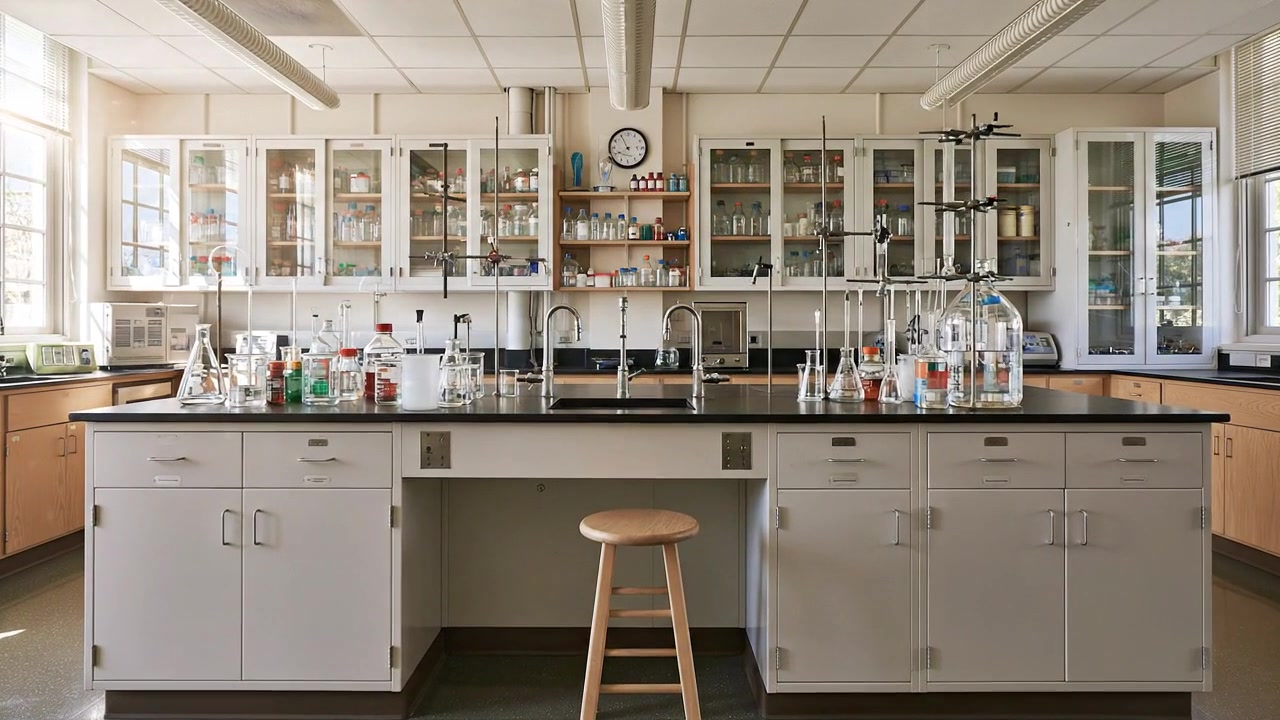 Interno di laboratorio pulito con scaffali organizzati e vetreria scientifica