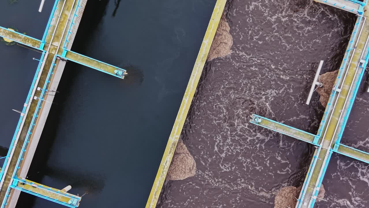 Water purification process at a plant showing different stages of treatment