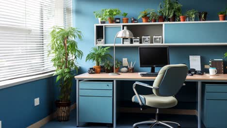a serene office workspace filled with indoor plants and natural light