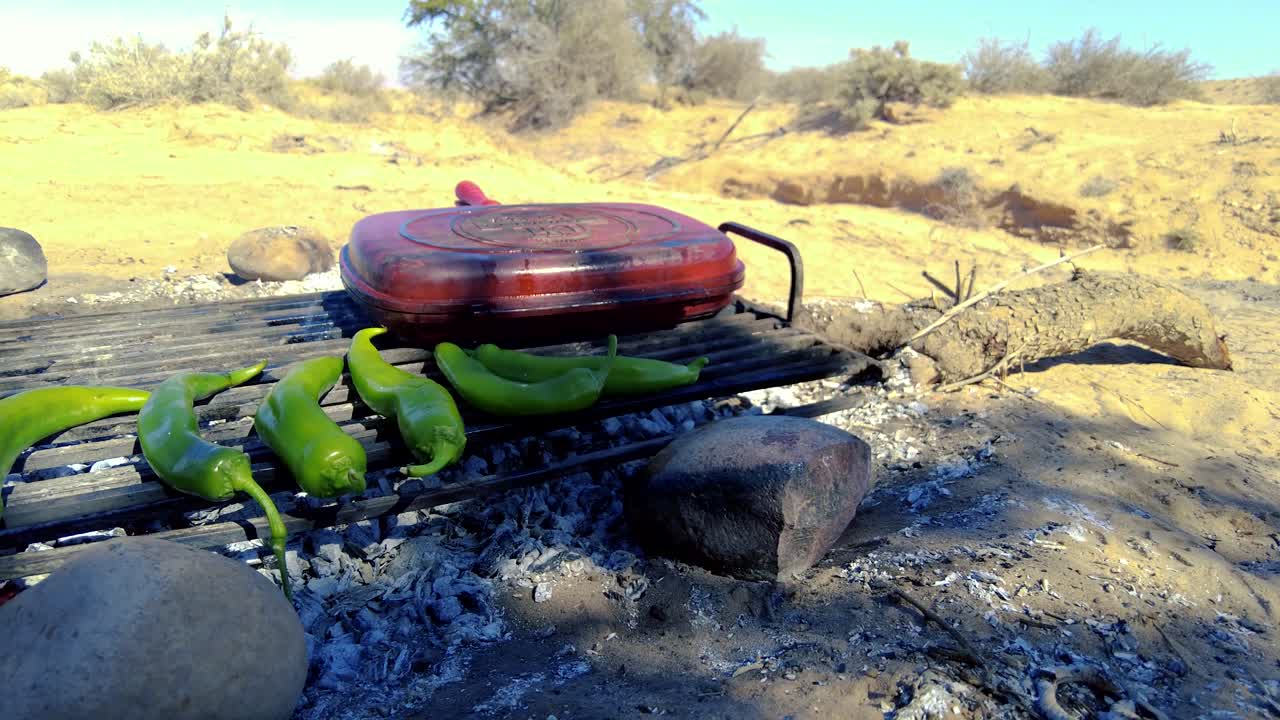 chuletas de cordero a la parrilla asadas sobre brasas en el medio del desierto en un bivouac