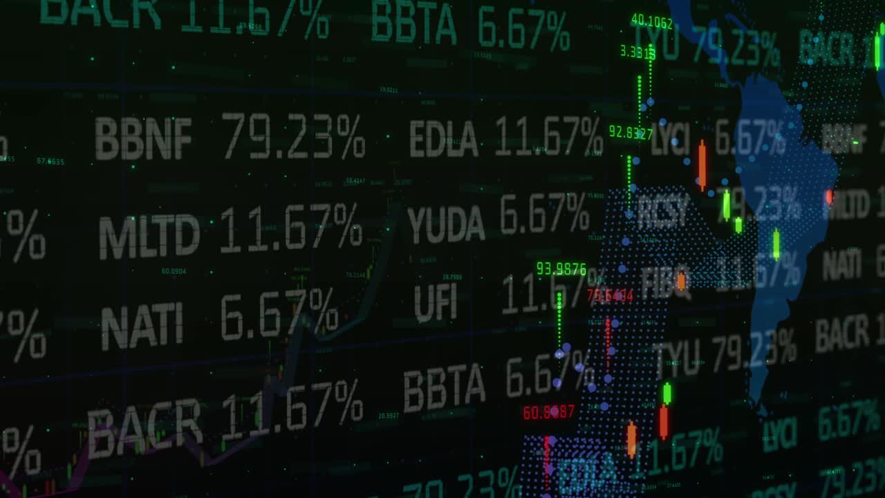 animación de estadísticas y números, procesamiento de datos financieros sobre el mapa del mundo