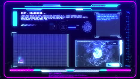análisis de datos futurista y animación de escaneo a través de interfaz digital con gráficos y mapas