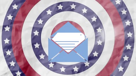 Animation-of-envelope-digital-icon-over-american-flag-stars-and-coloured-on-circles