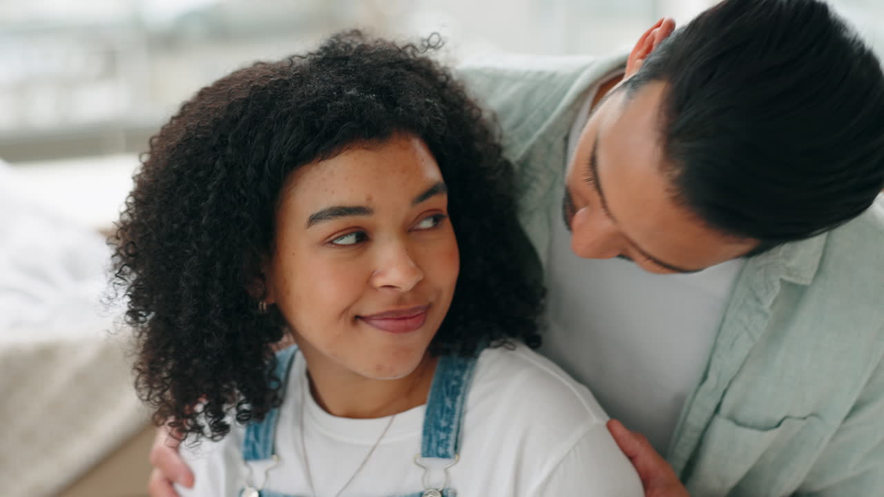 Happy couple, love and hug in care