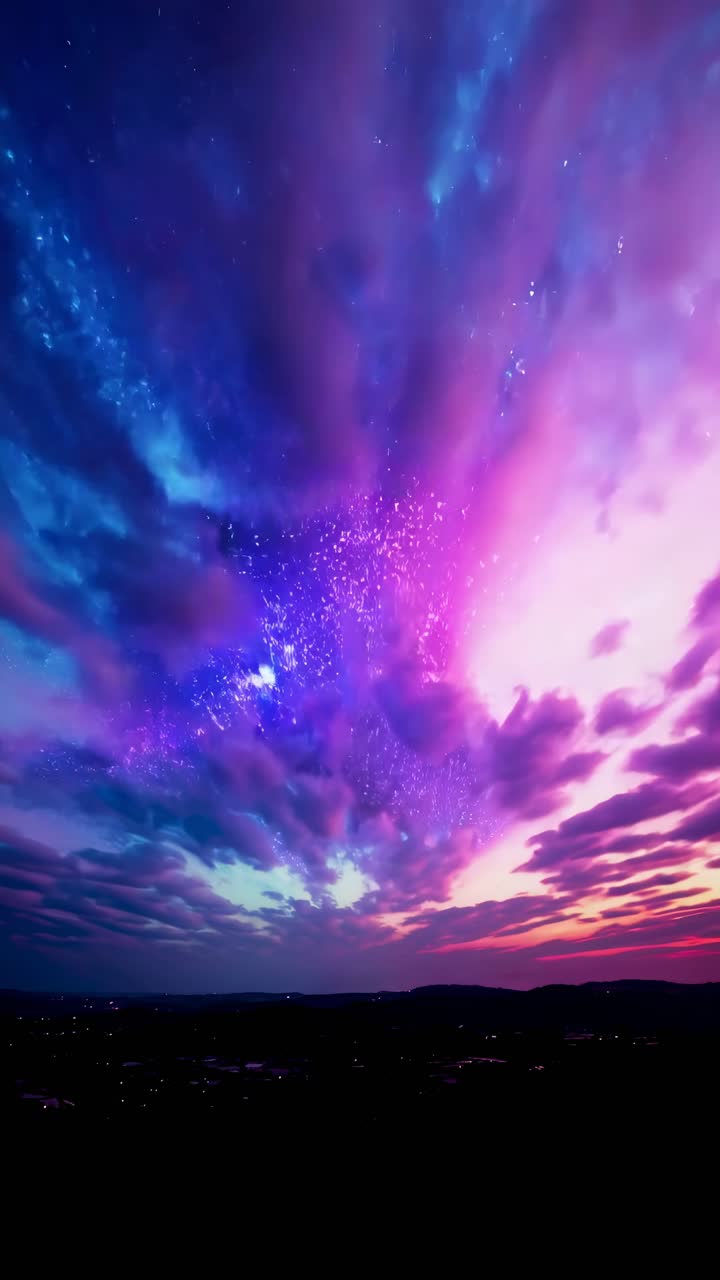 Una vista ipnotica ad ampio angolo di un cielo al tramonto vibrante e stellato, che mescola viola e rosa