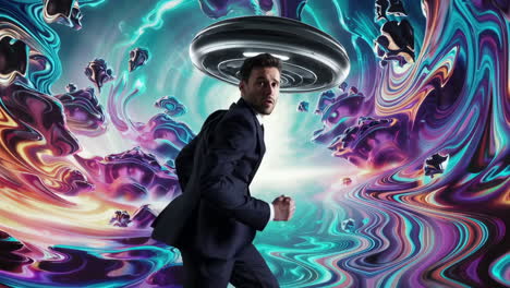 man running in a vibrant, surreal alien landscape with a ufo