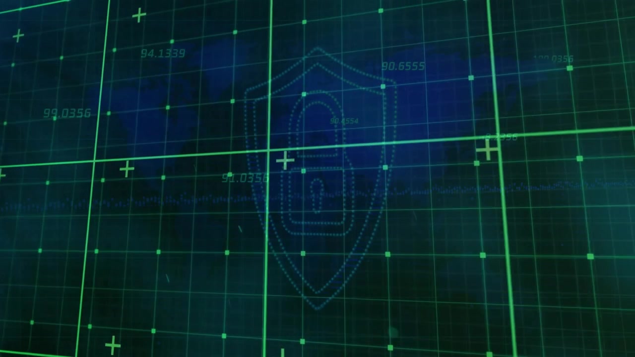 Flickering values starting grid scanning shield emerging and padlock forming in security interface
