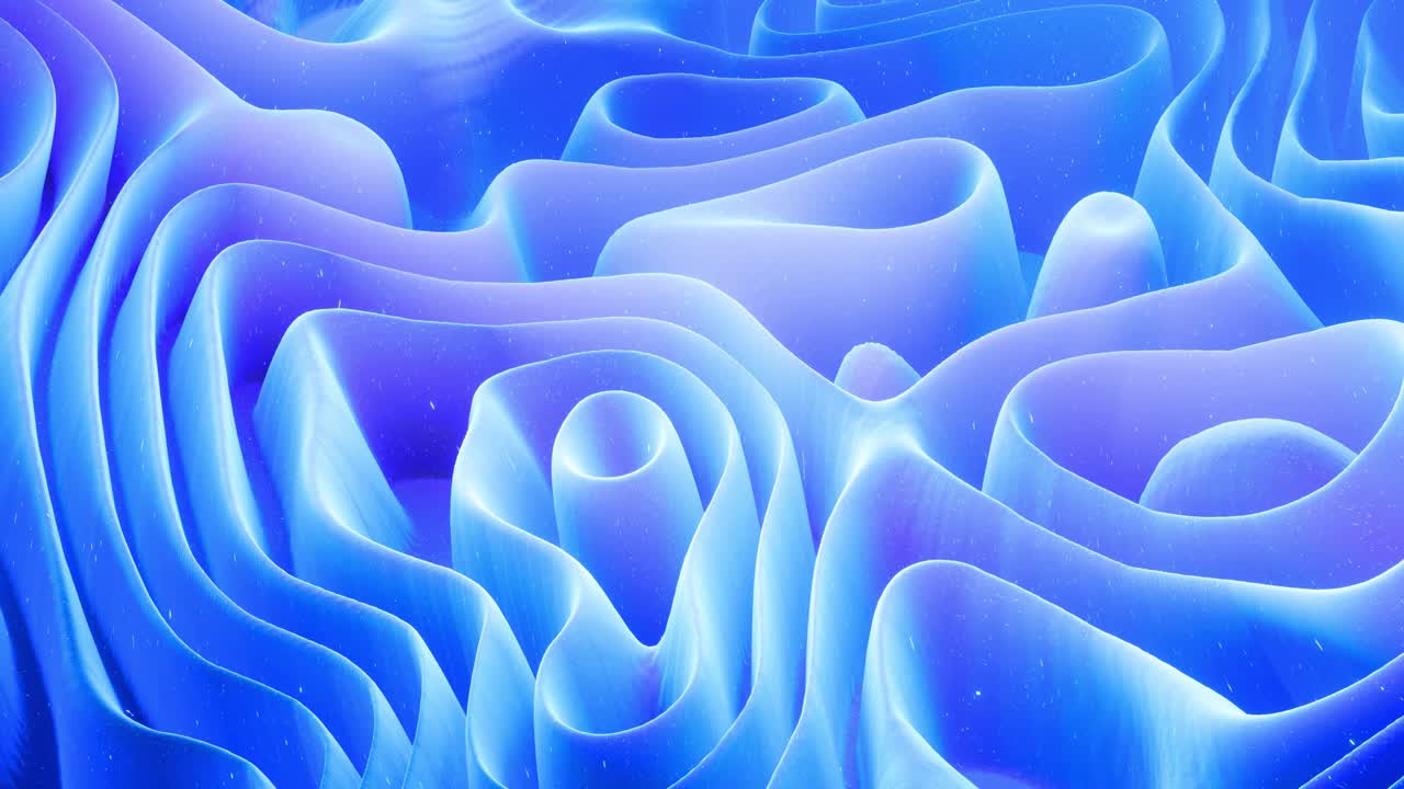 hermosa superficie 3d abstracta con chispas de brillo, ondas 3d abstractas se ejecutan en la superficie en bucle. gradiente azul, material mate suave con brillo interno ligero. animación 4k suavemente