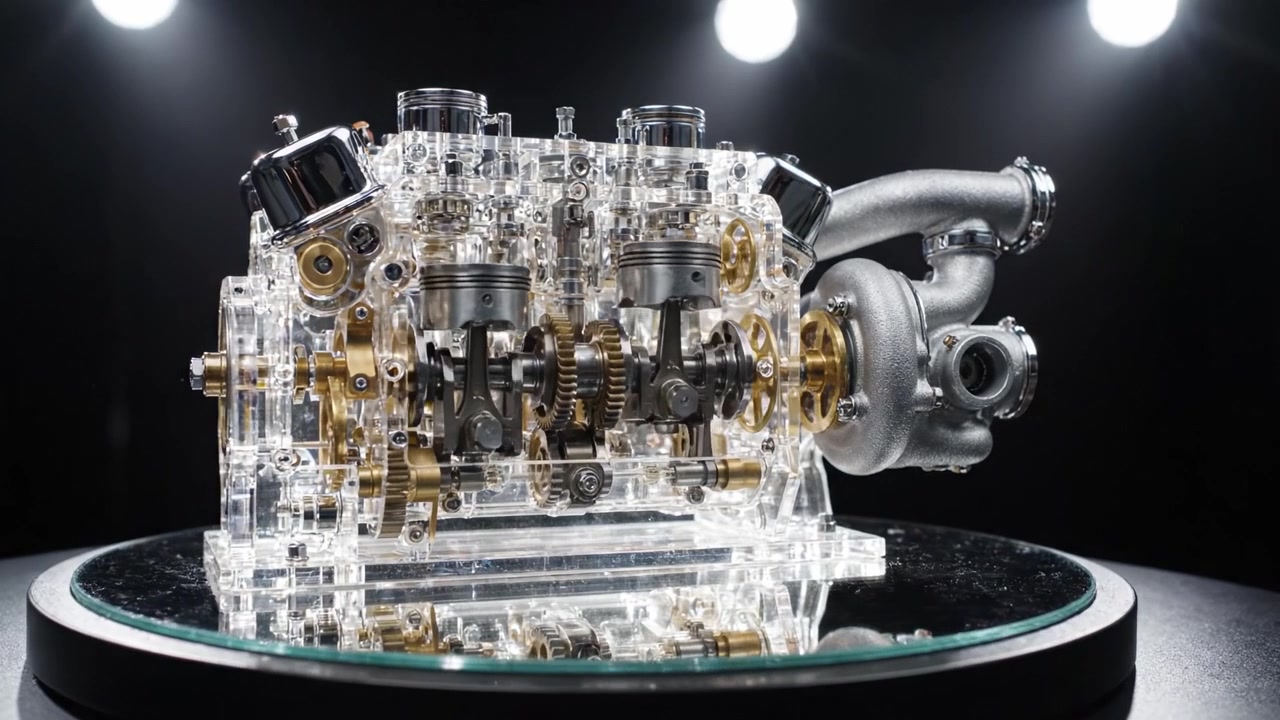Intricate Design of a Transparent Engine Model Showcasing Advanced Mechanical Components and Engineering Precision Under Spotlight