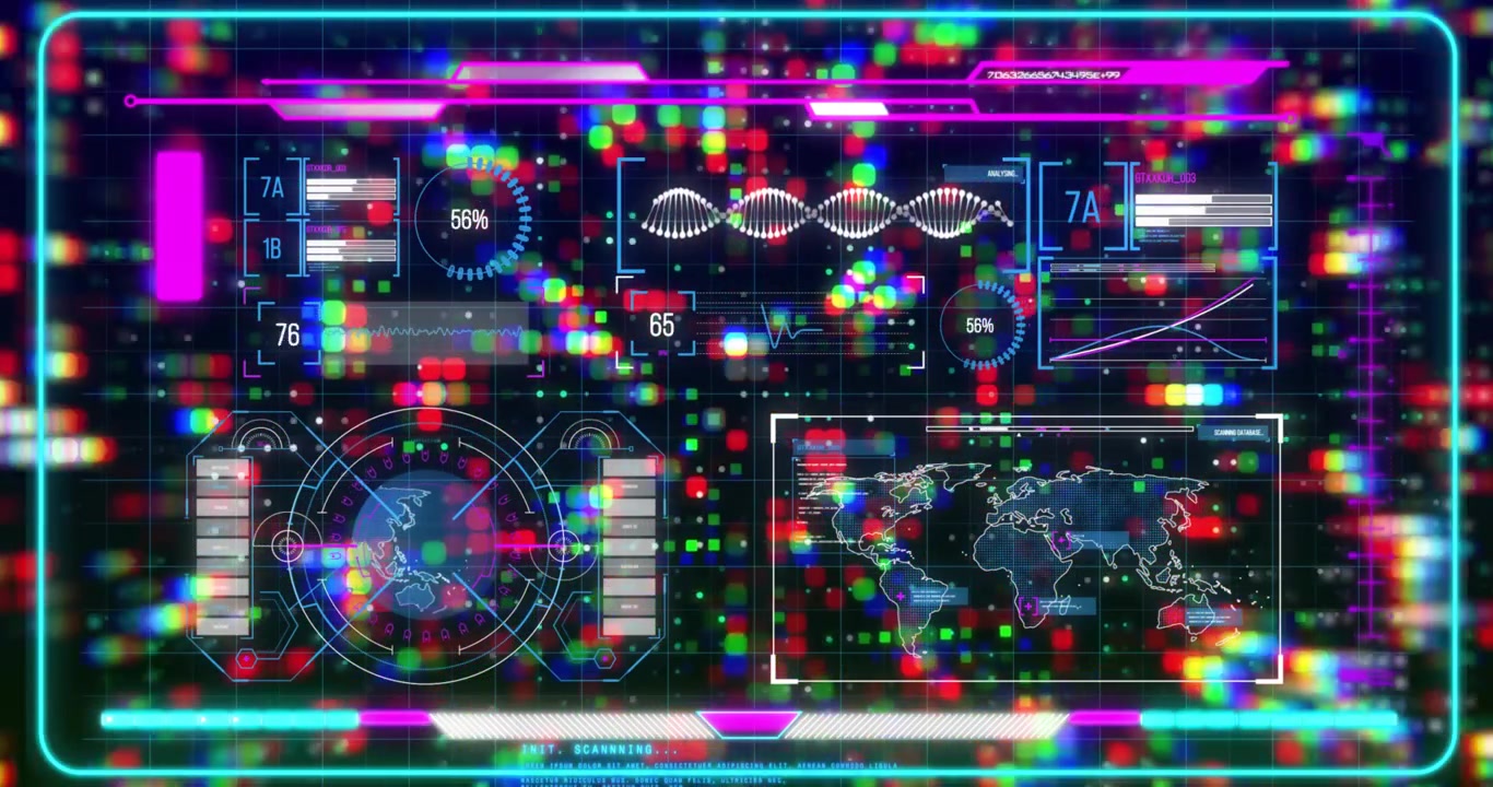 INIT SCANNING text appearing starting glitching HUD pulsing gauges scanning map tracking progress