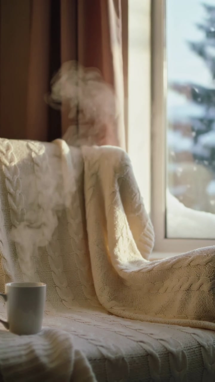 Vertical video: Hot mug releasing animated steam, drifting over blanket and showing home decor