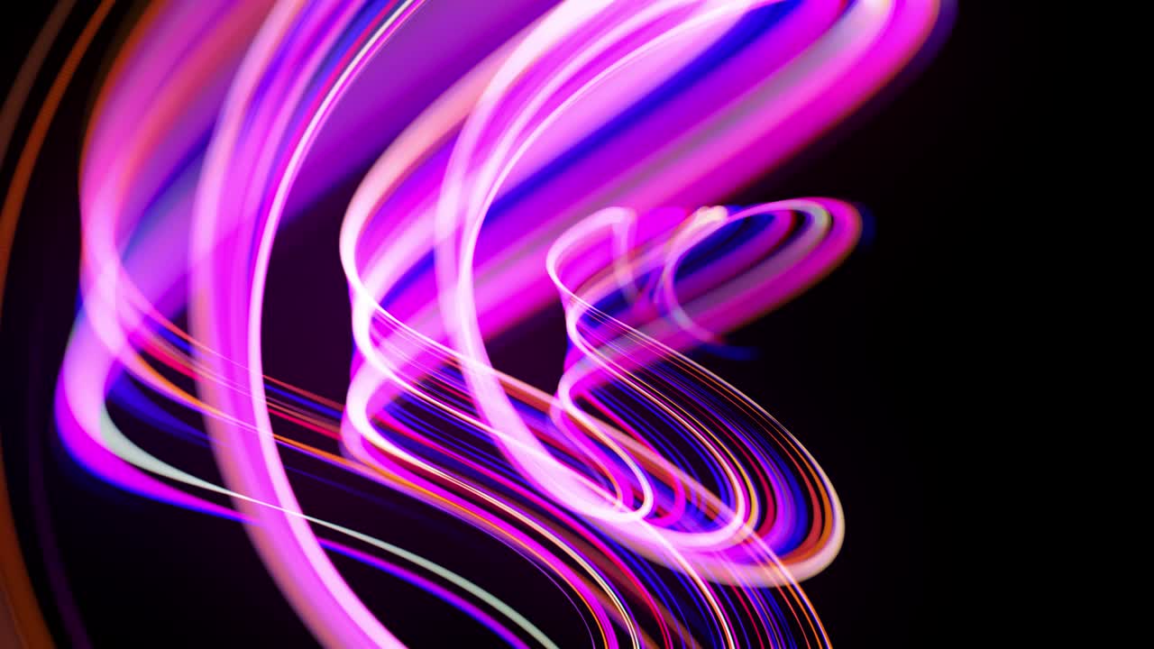gráficos de movimiento, ciencia ficción bg. flujo de líneas de neón multicolor forman forma de espiral, rizos y patrón. fondo abstracto con senderos de luz, fondo de diseño de movimiento moderno de moda. flujo de luz bg en 4k.