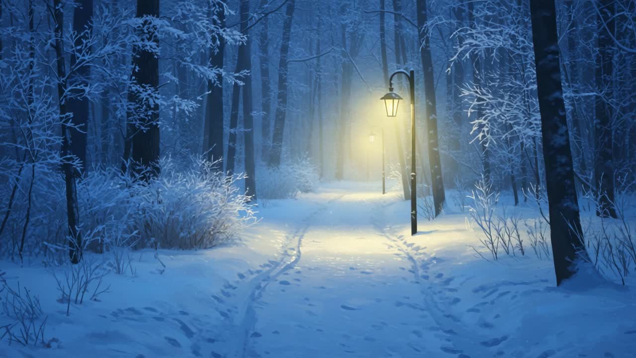 Tyyni talviyö: Valaistu polku lumipeitteisen metsän läpi, kutsuen tutkimaan pehmeän lyhtyvalon alla.