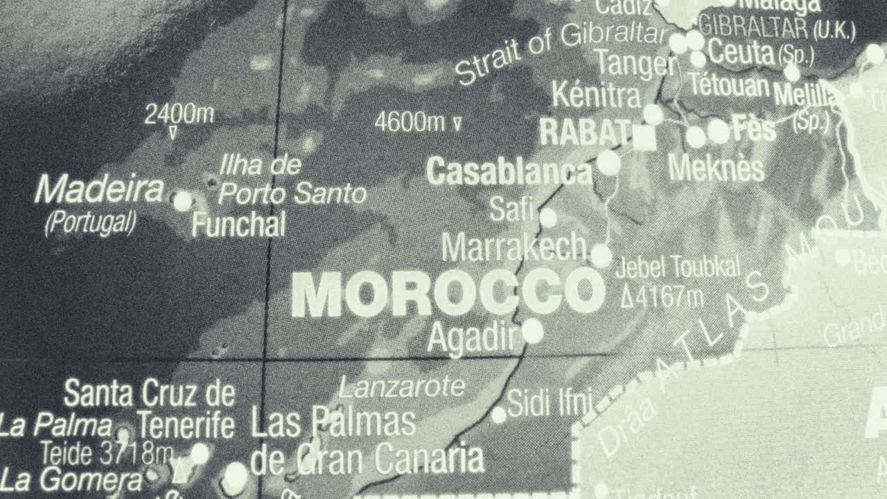 Close-up of a map showing Morocco and surrounding regions