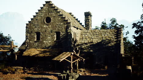 ancient stone building in a mountainous landscape