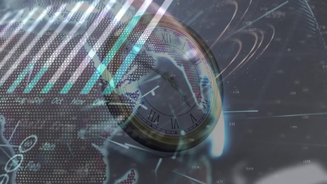 Animation af databehandling med verdenskort over et ur.