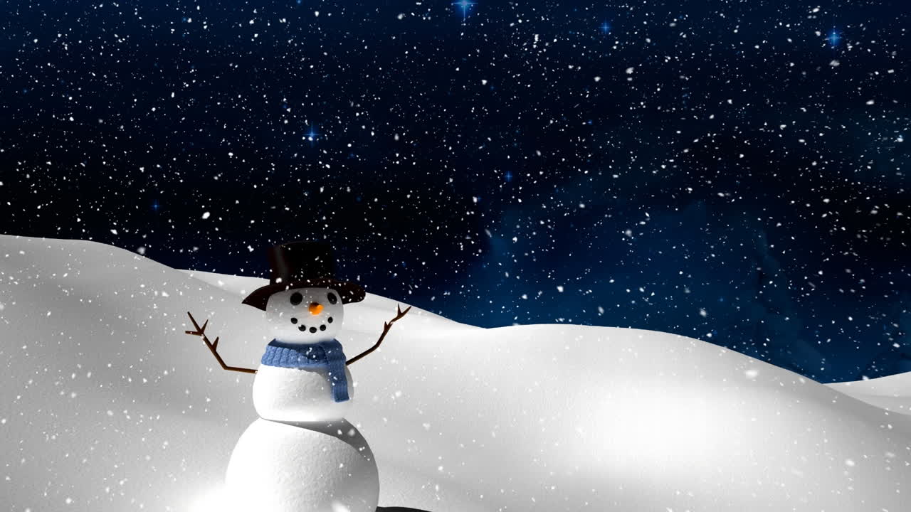 nieve cayendo sobre el muñeco de nieve en el paisaje de invierno contra las estrellas azules brillantes en el cielo nocturno