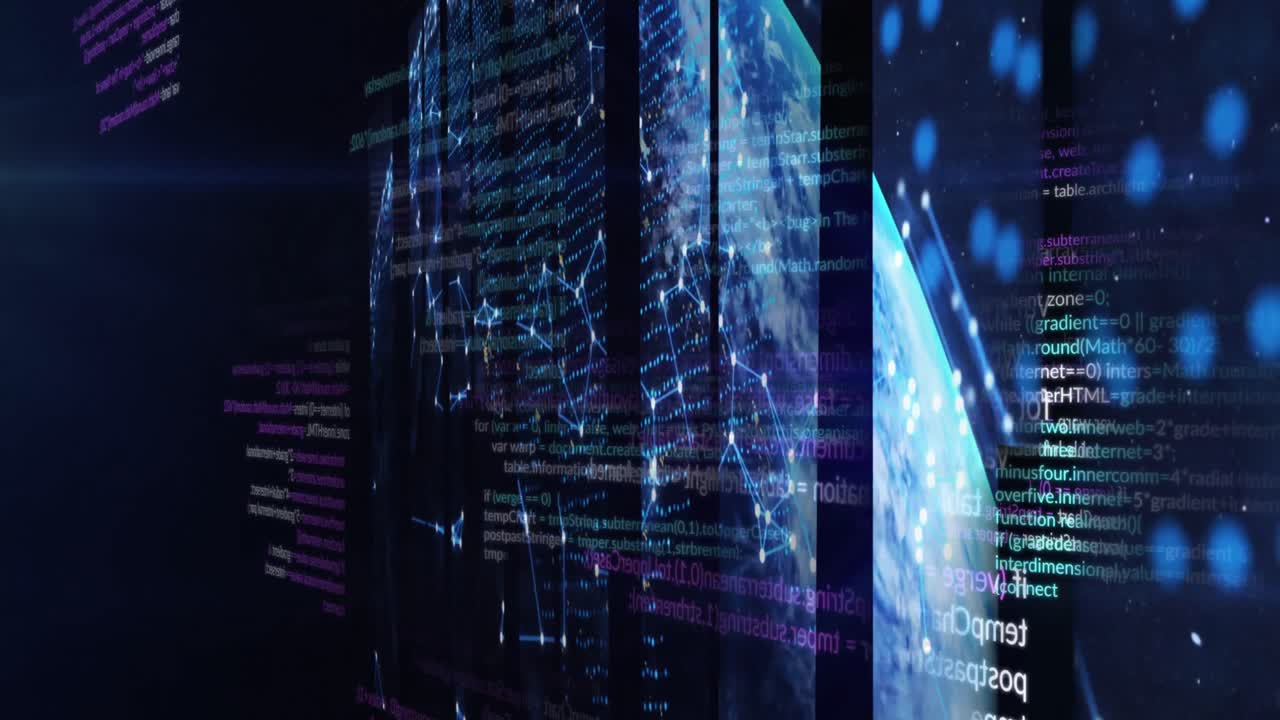 Animation of data processing and globe on black background