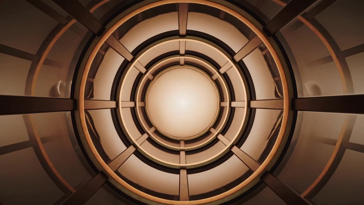 Zooming camera revealing bright core in metal dome, exposing rings and radial struts showing depth