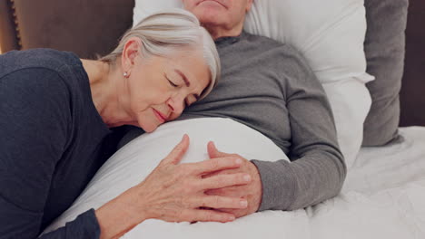 hug, holding hands and senior couple in bedroom