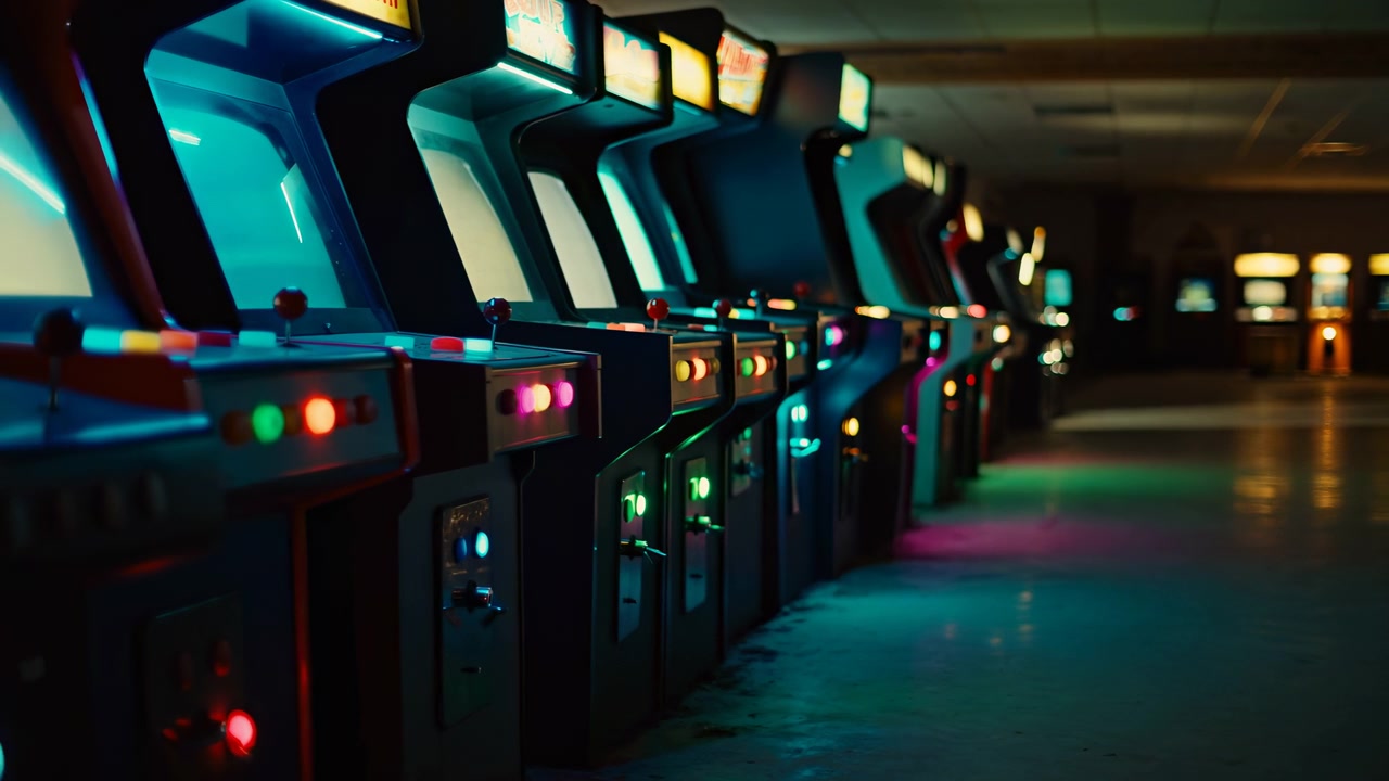 A row of illuminated arcade machines lines the left side of a dim indoor game hall, with colorful screens, reflective flooring, and soft ambient light fading