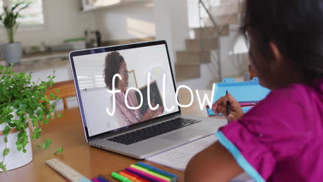 in school, child learning animation with text on laptop during video call