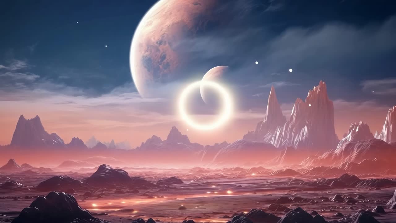 Et imponerende sci-fi-landskapsvideokonsept med planeter og steinete terreng