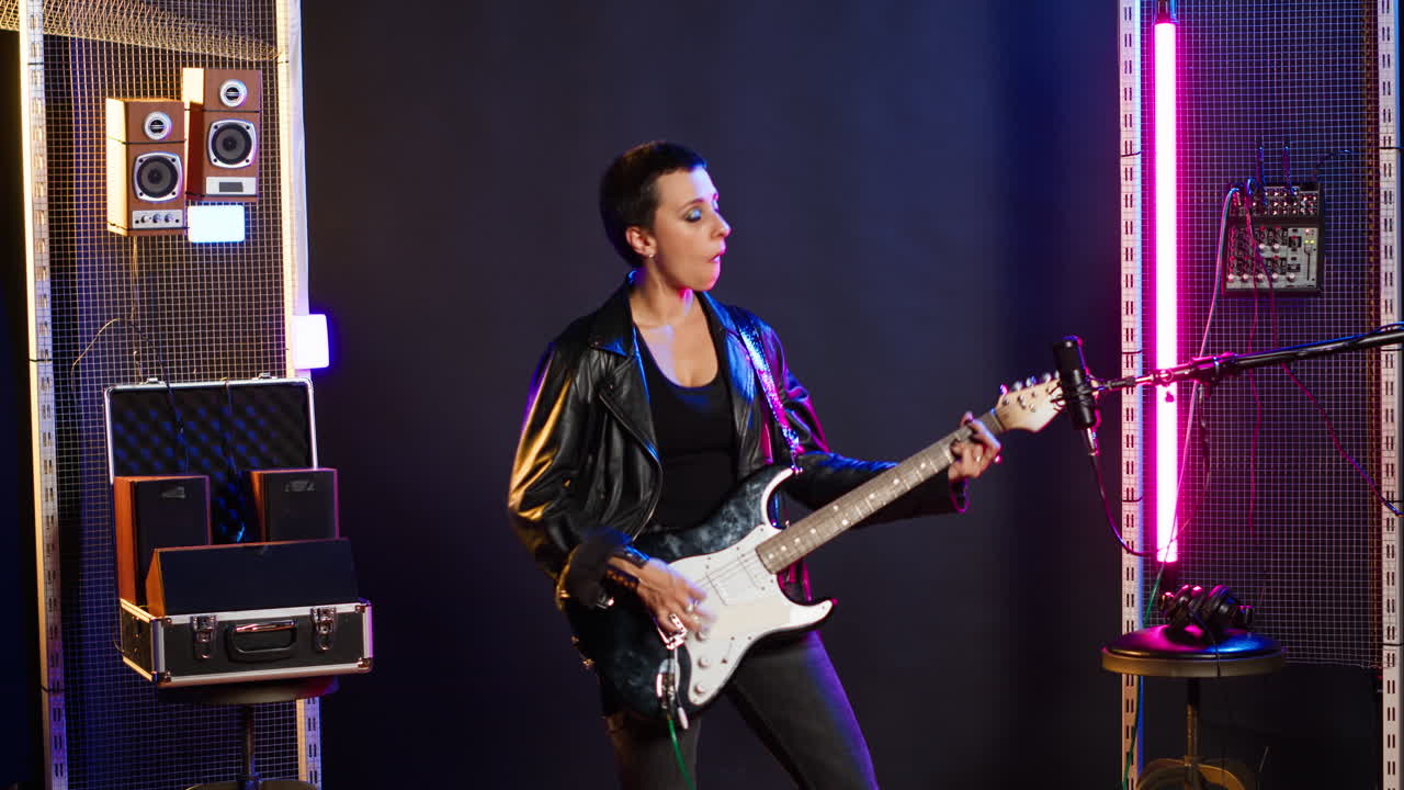 Woman playing electric guitar in studio